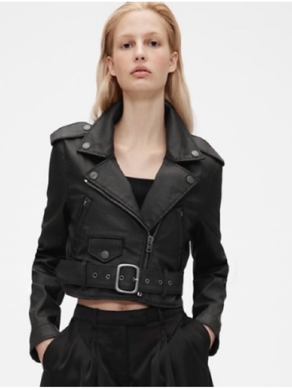 GAP Black waxed Denim Cropped Belted Moto Jacket